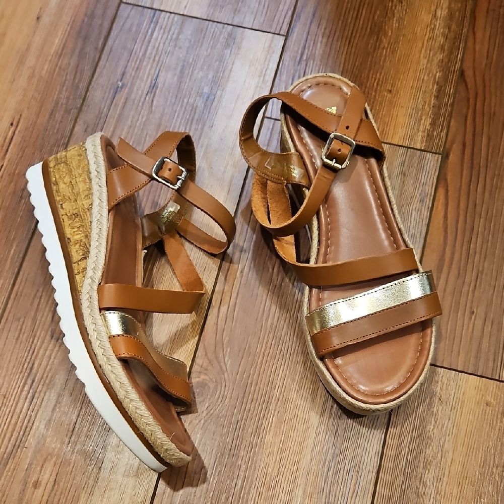 Coach and Four Brown and Gold Wedge Sandals
